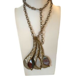 vintage large artist made pendant necklace 70s mixed metal massive rare agate